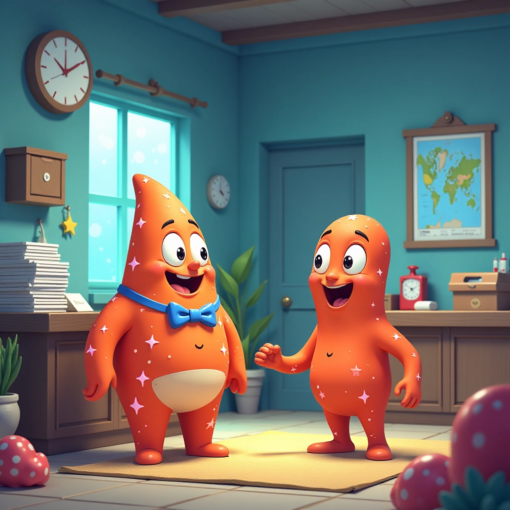 A humorous scene where Twinkle the starfish starts his first day at the underwater post office