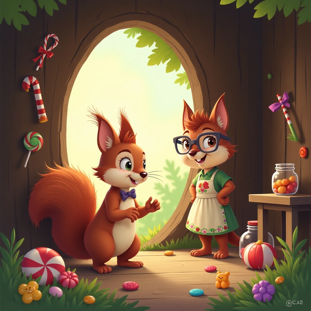 A curious squirrel transforms his tree hollow into a colorful candy paradise.