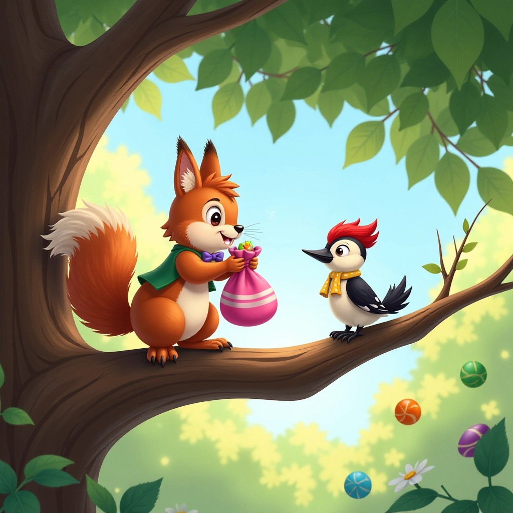 The squirrel's ambitious candy-collecting adventure leads to amusing challenges.