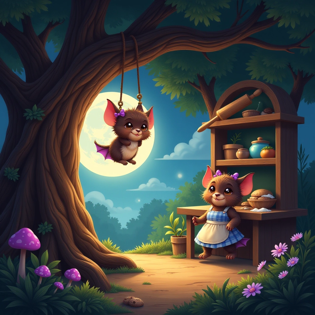 A little bat named Luna discovers her mother's freshly baked cookies in their cozy tree hollow