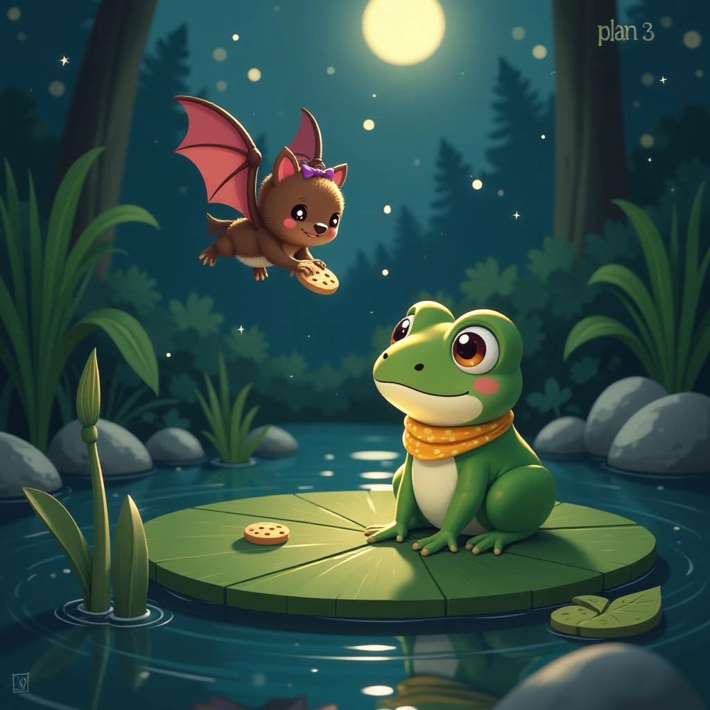 Luna shares cookies with a lonely frog by the pond, making a new friend