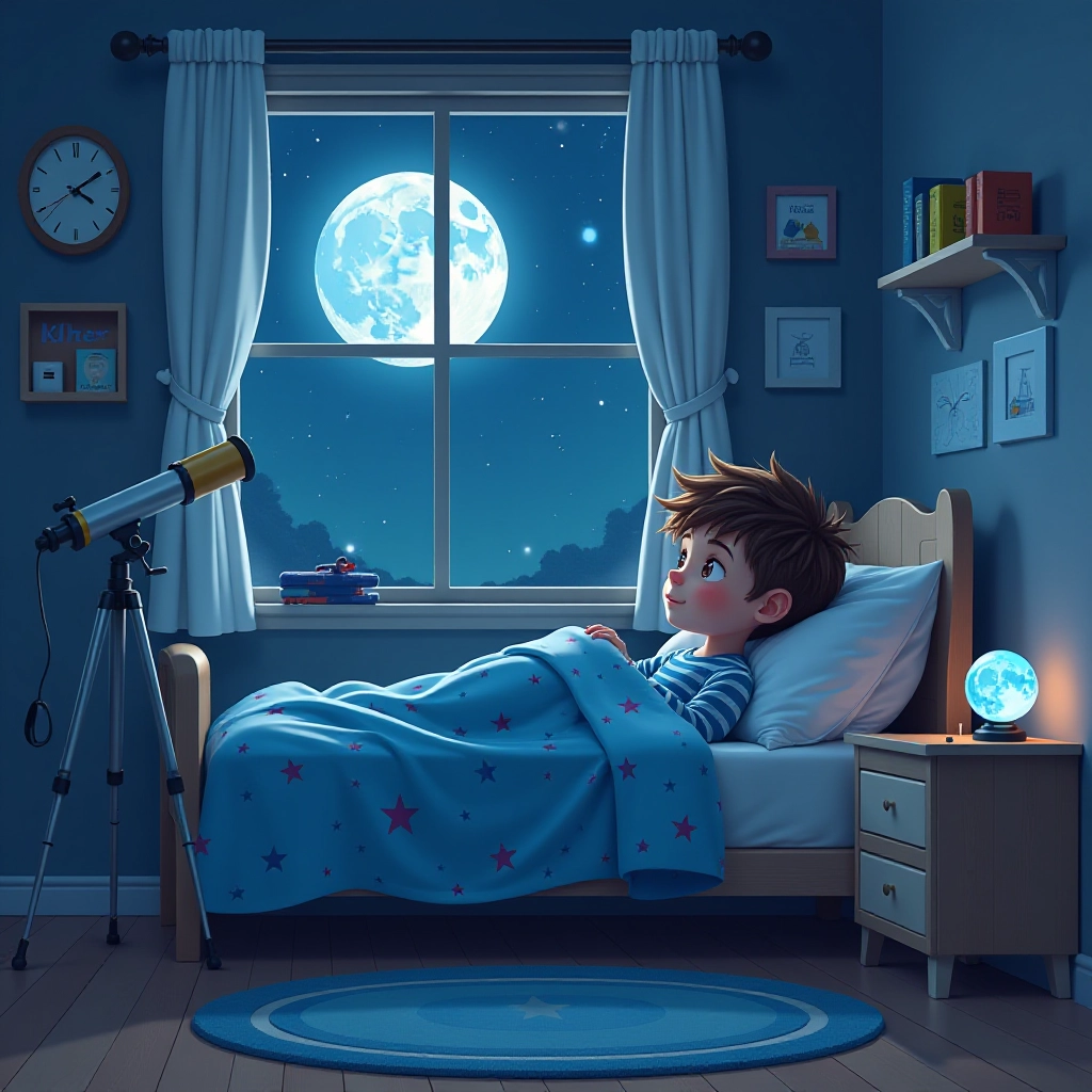 Young boy Leo gazes at full moon from his space-themed bedroom before bedtime