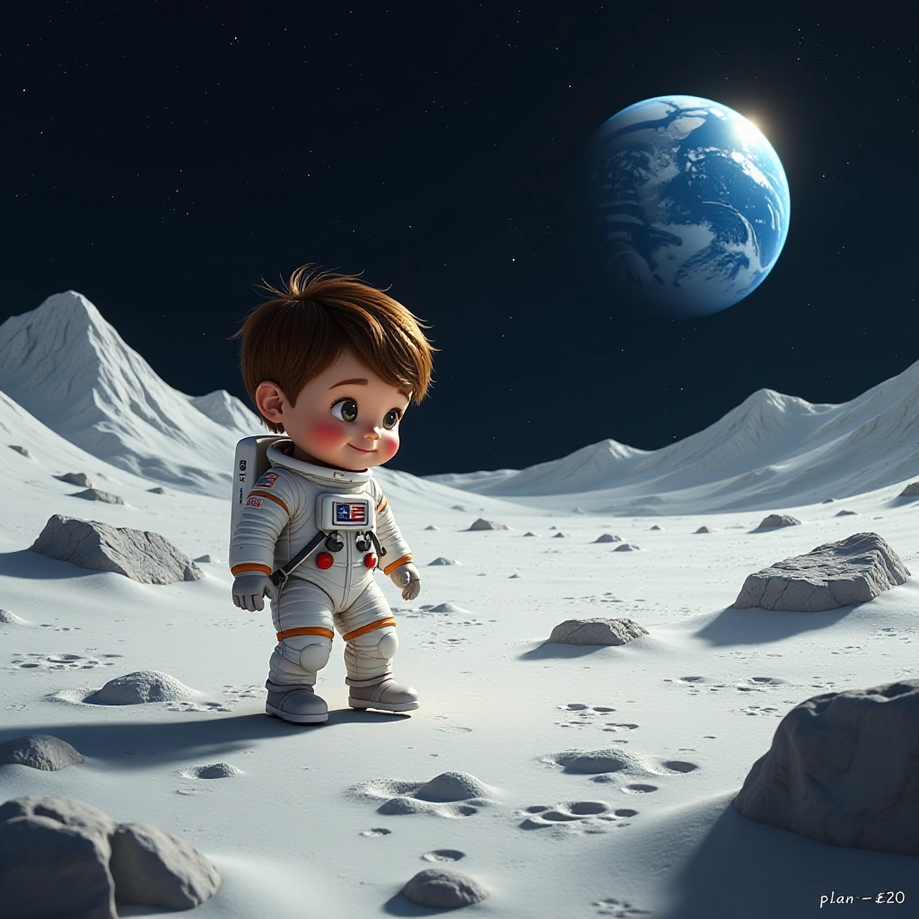 Leo explores the moon's surface, bouncing and making footprints in lunar dust