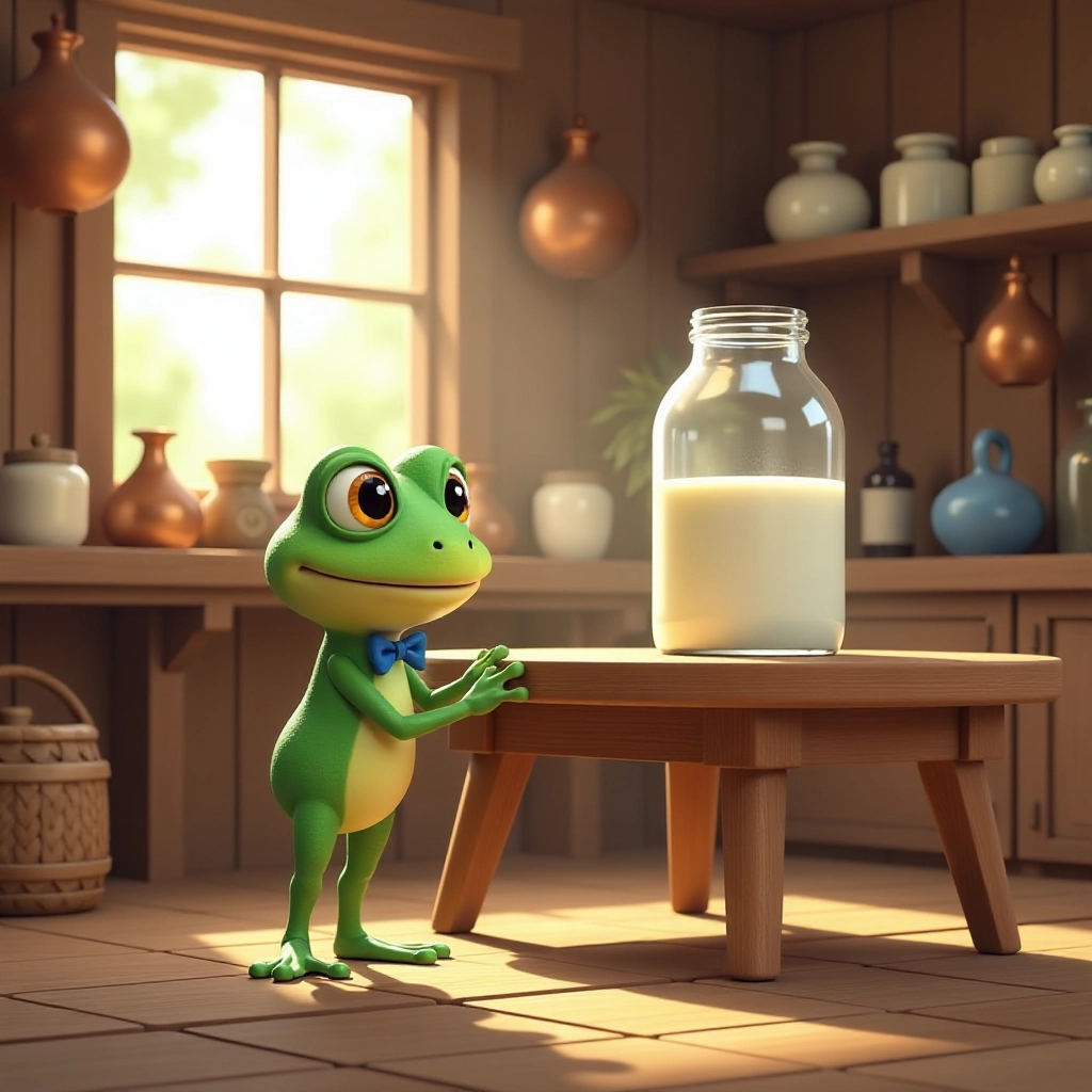 A curious little frog discovers a jar of milk in a cozy farm dairy.