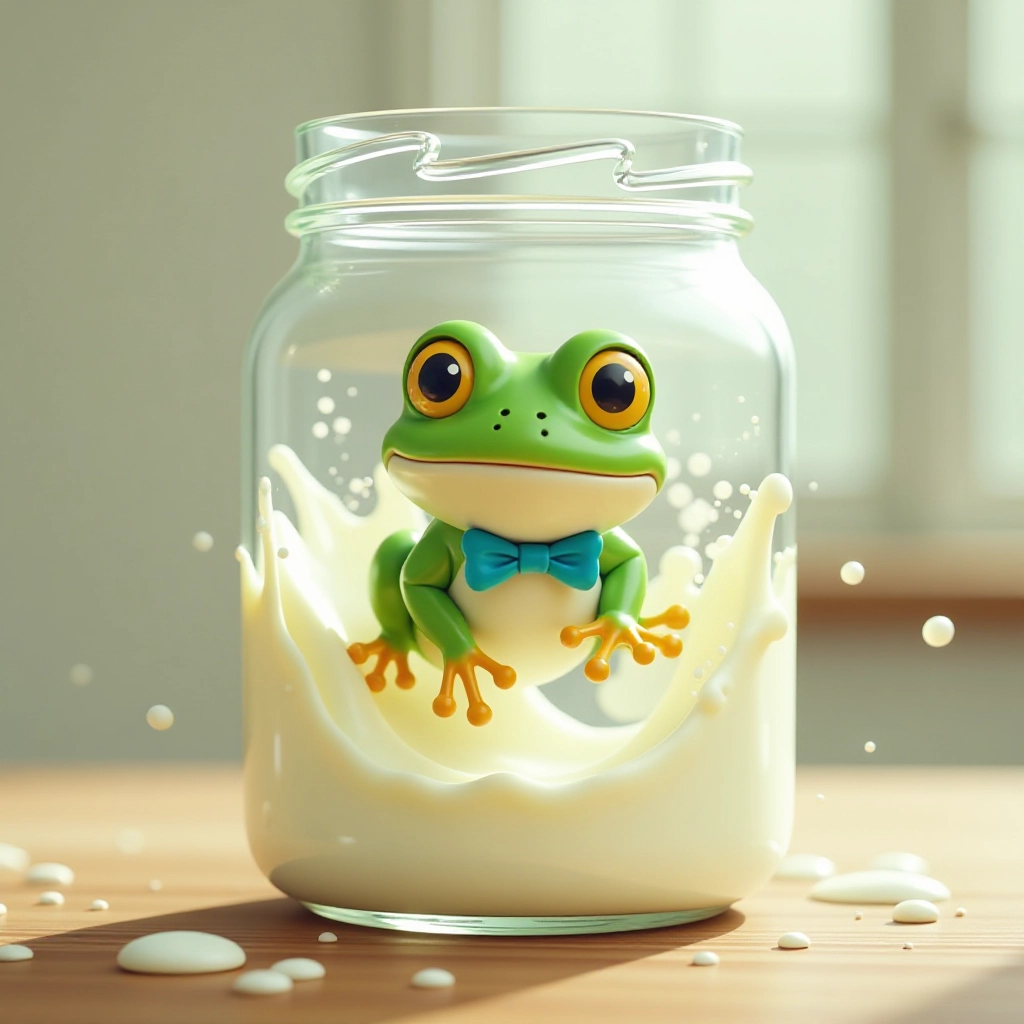The brave frog refuses to give up while swimming in the milk jar.