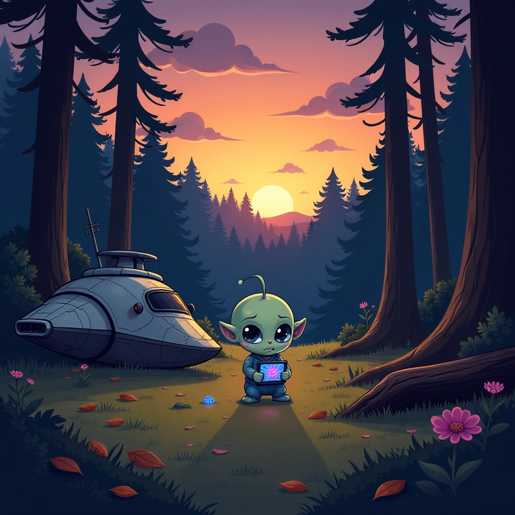 A lost alien child discovers their broken spaceship in a forest clearing.