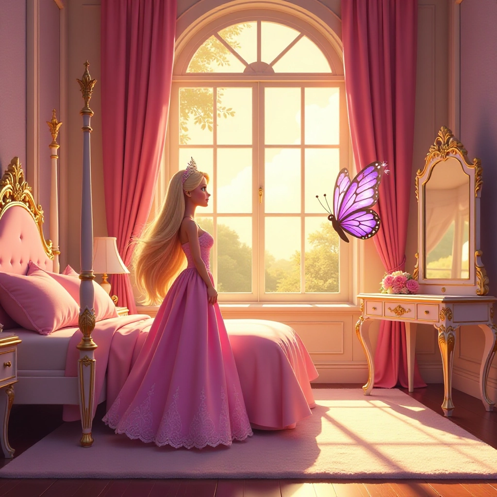 Princess Barbie meets Flutter the magical butterfly at sunset in her royal bedroom.