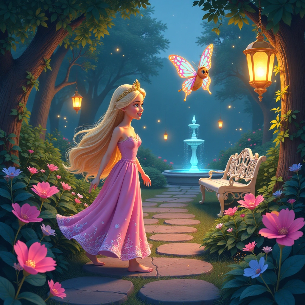Princess Barbie follows Flutter through an enchanted garden filled with magical lights.