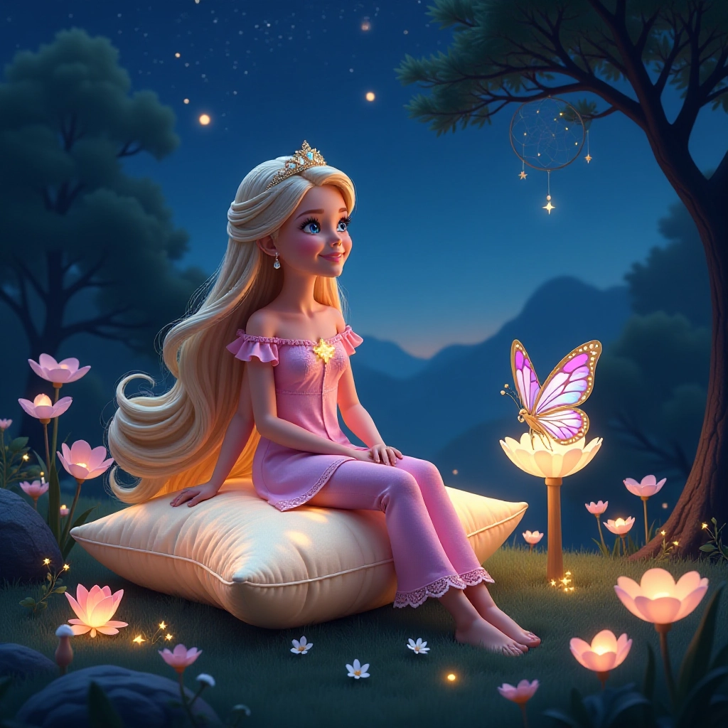 Princess Barbie and Flutter share a magical moment under the stars.