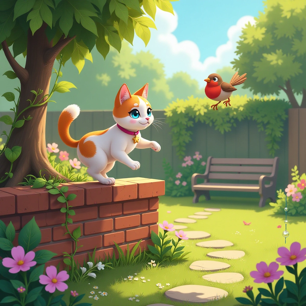 Emma explores her new cat abilities in the garden and discovers she can communicate with other animals.