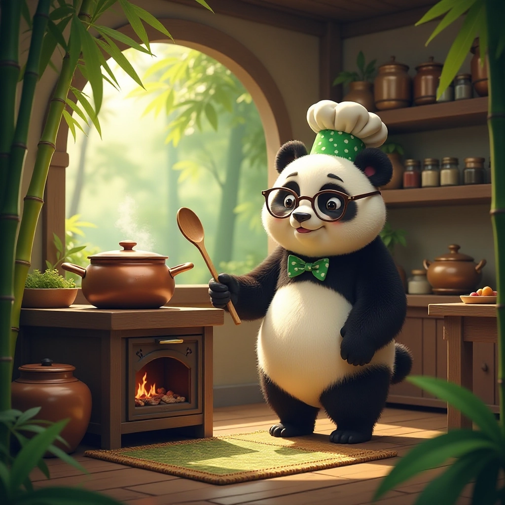 A panda chef begins his cooking adventure in a cozy bamboo forest kitchen.