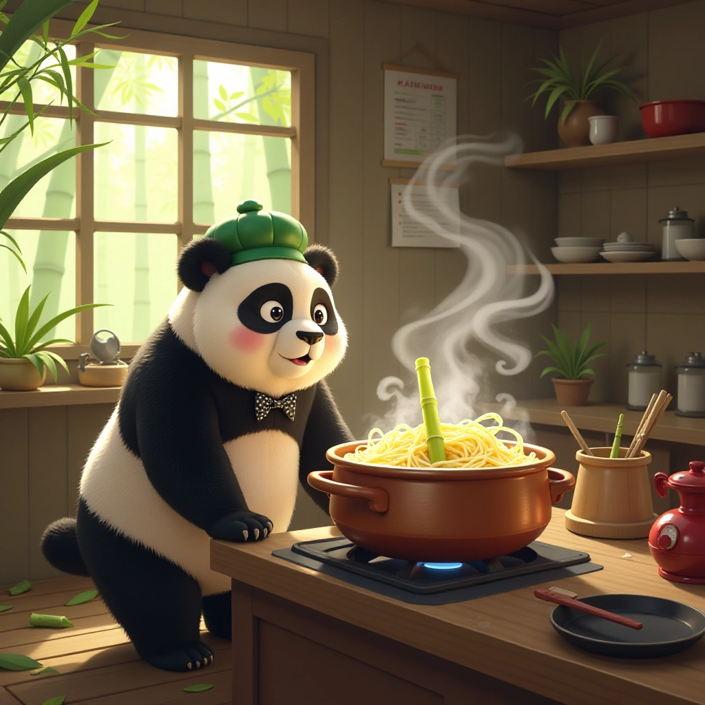 Panda accidentally discovers bamboo transforms into noodles while cooking.