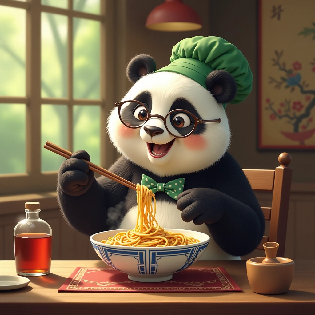 Panda tastes his accidental creation of bamboo noodles.