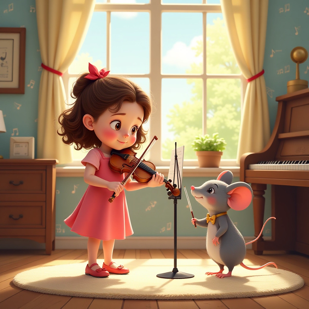 Young girl Emma begins her violin journey with a magical mouse friend