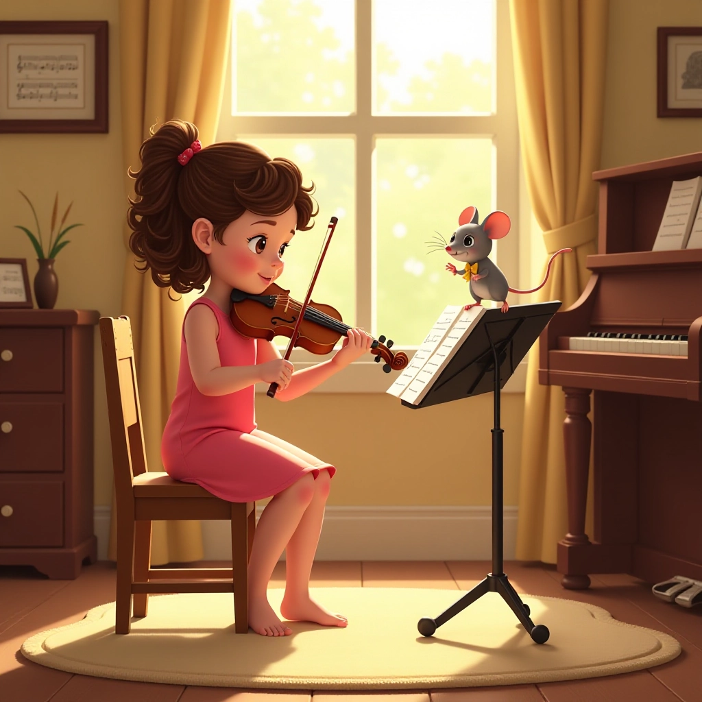 Emma practices diligently with encouragement from Musical Mouse