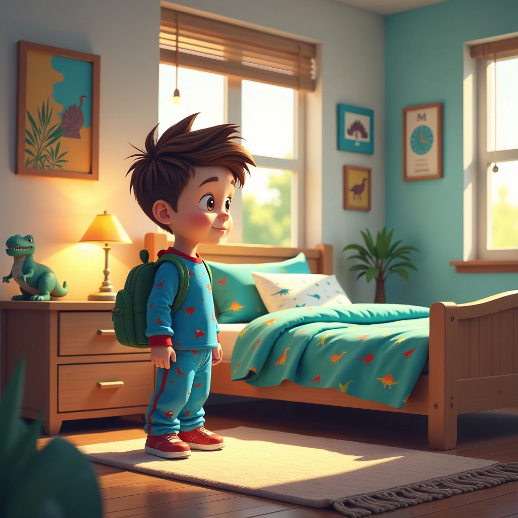 Young boy discovers mysterious glowing crystal in dinosaur-themed bedroom