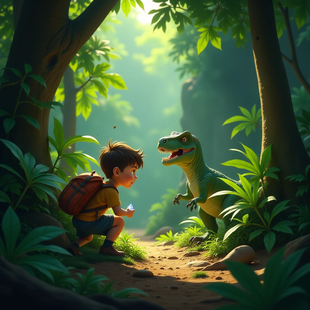 Boy and baby T-Rex hide from danger in prehistoric jungle