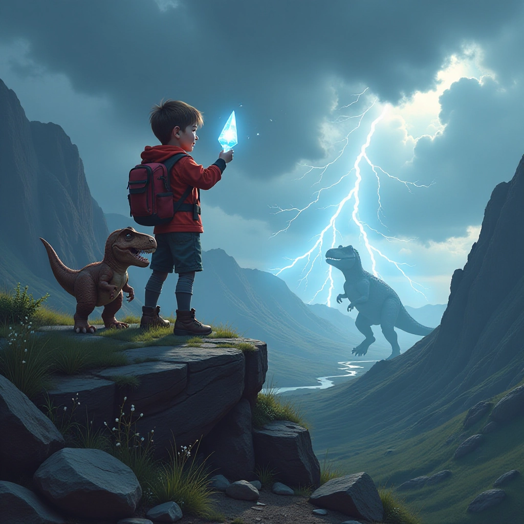 Climactic confrontation with adult T-Rex in stormy prehistoric valley