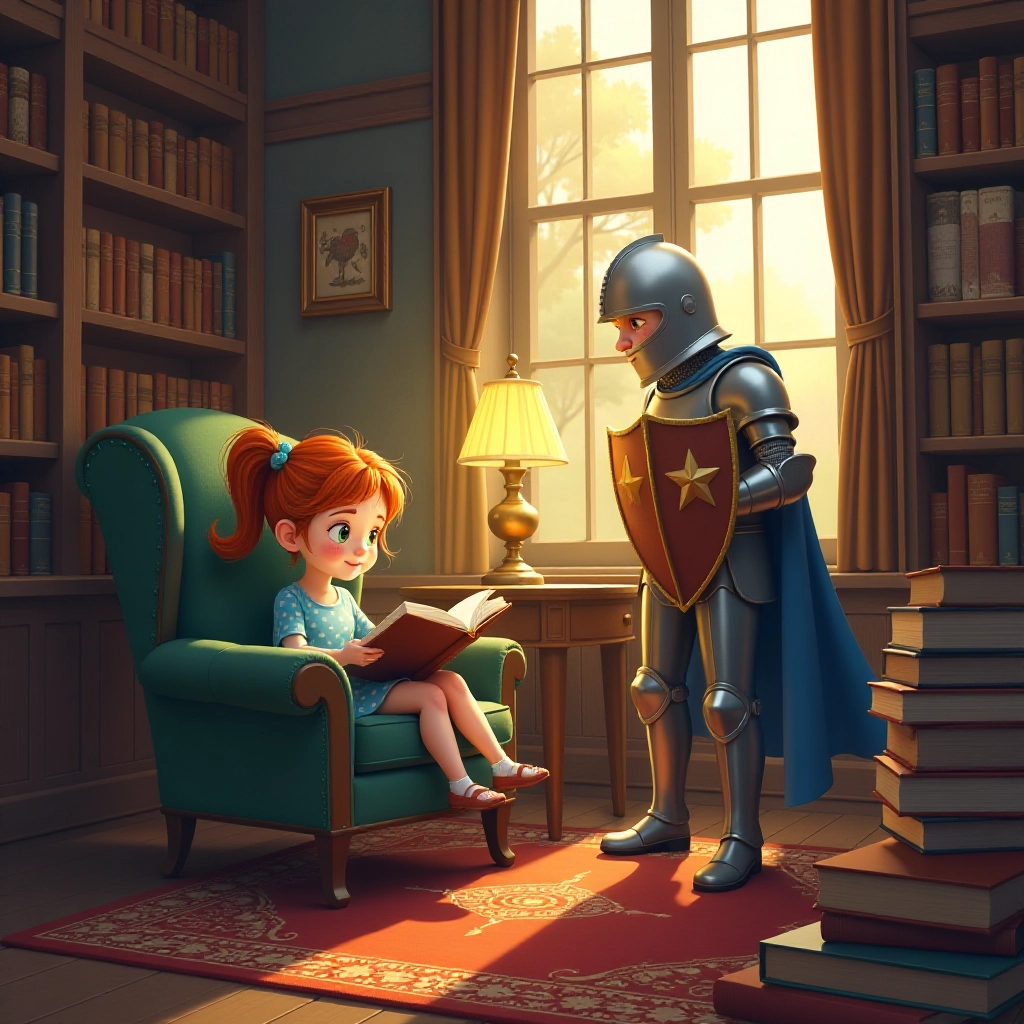 A young girl discovers magical characters coming alive in a cozy library.