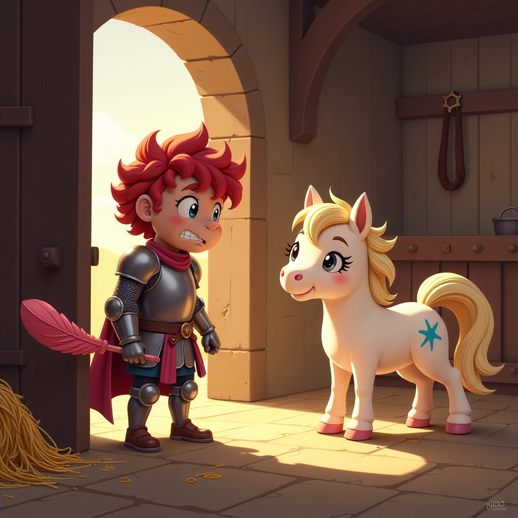 A clumsy knight nervously meets a playful pony in the castle stable