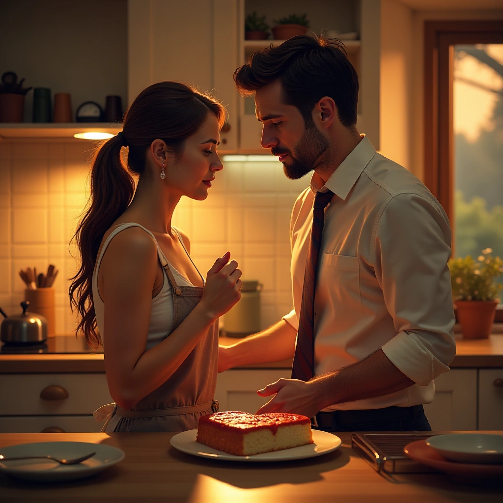 Boyfriend arrives to find girlfriend distressed over imperfect cake.