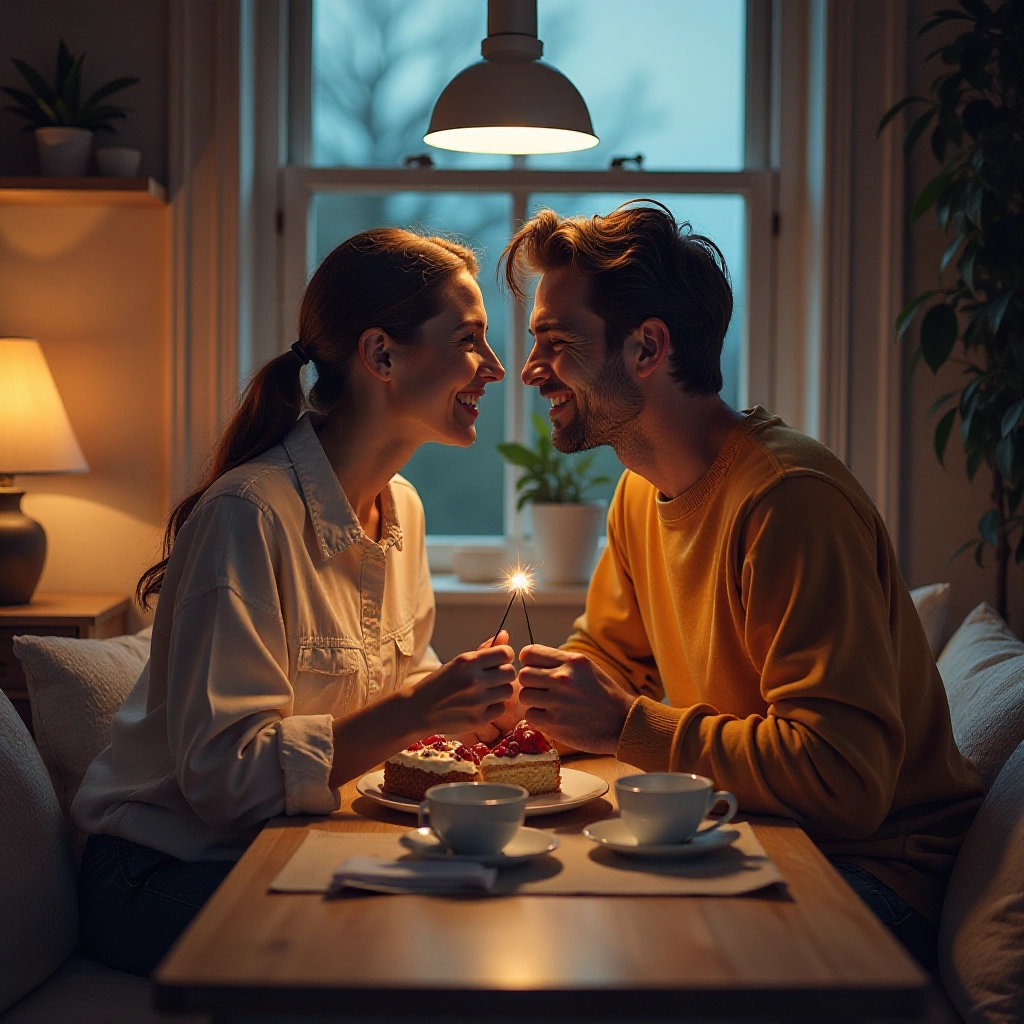 Couple shares intimate moment over imperfect but meaningful cake.