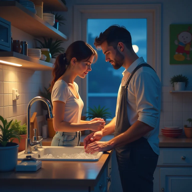 Couple bonds over kitchen cleanup, strengthening their relationship.