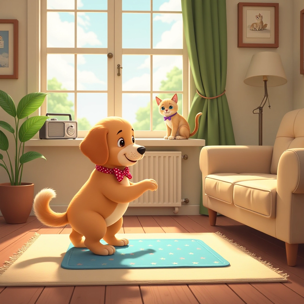 A clumsy puppy begins his first dance lesson with a ribbon.