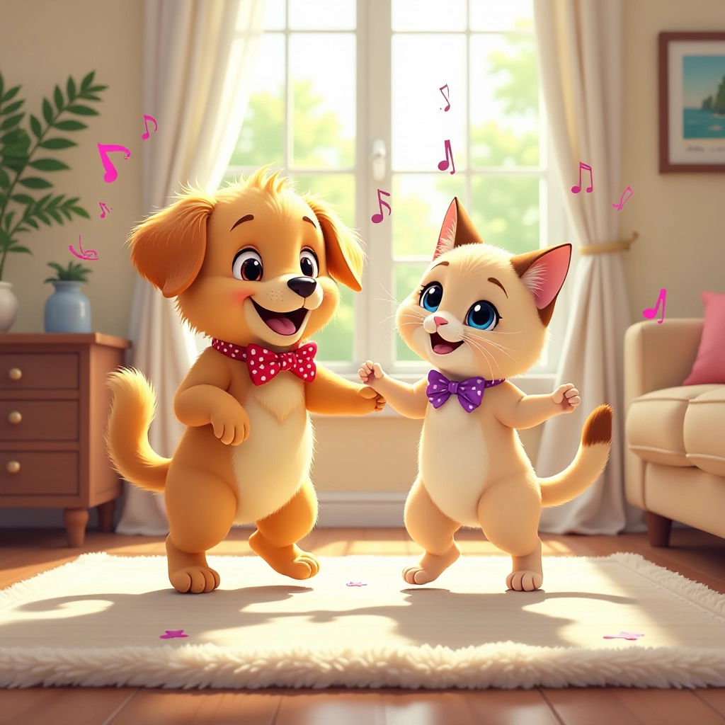 The puppy learns to dance with help from his cat friend.