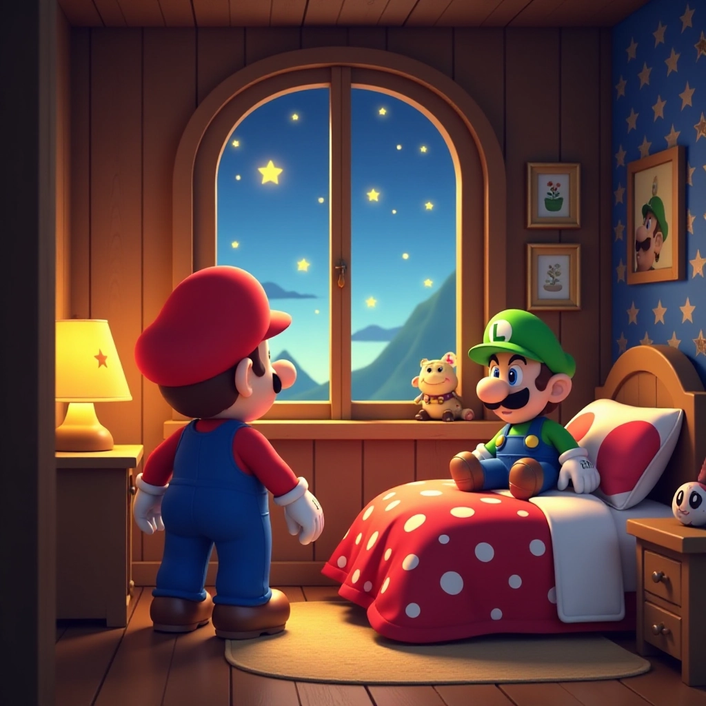 Mario and Luigi prepare for bedtime in their cozy cottage.