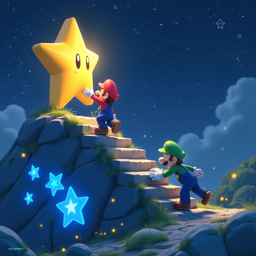 Mario and Luigi climb Star Hill to catch their special star.