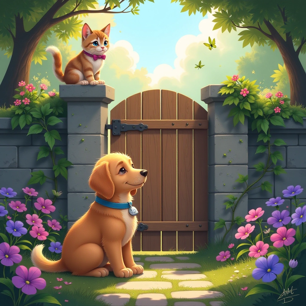 A curious puppy meets a mysterious cat at a magical garden entrance.