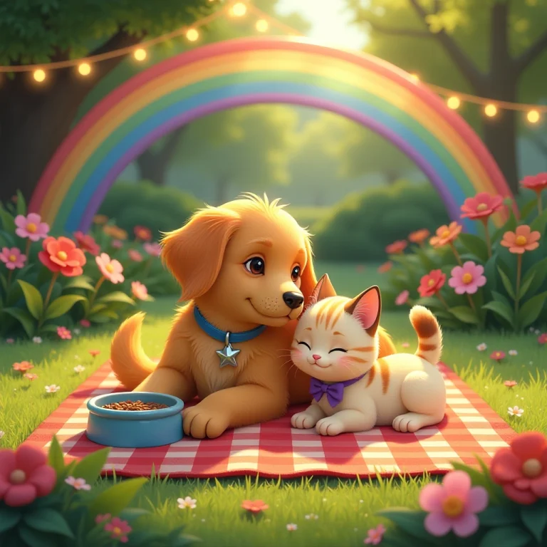 The new friends share a peaceful moment under a magical rainbow.