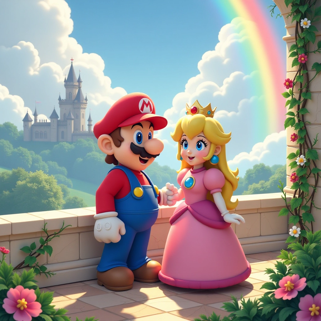 Mario and Princess celebrate victory on castle balcony.