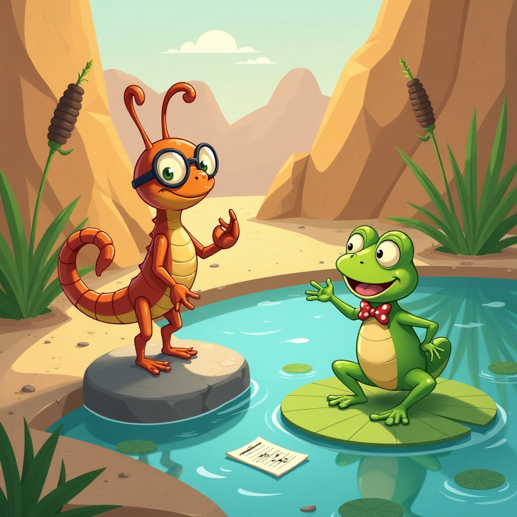 A scorpion with glasses meets a bowtie-wearing frog by a desert pond