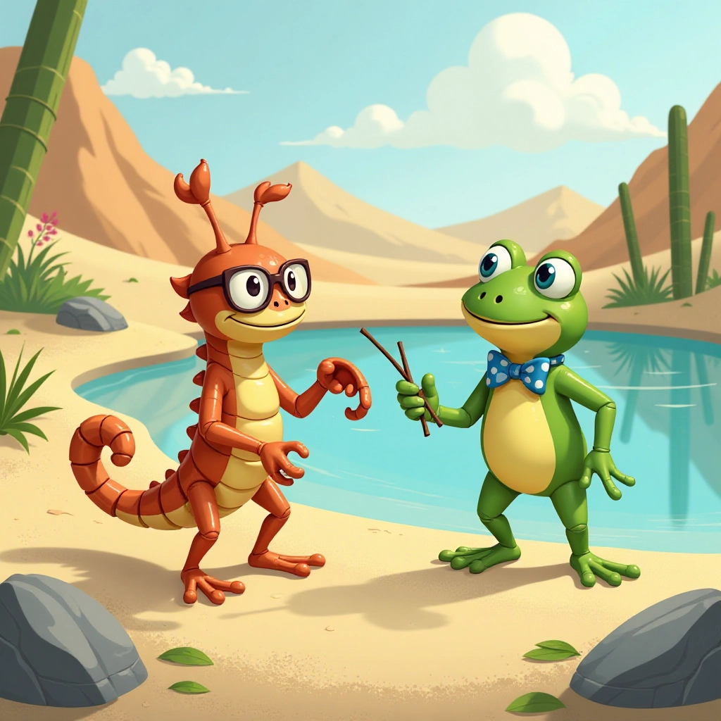The scorpion attempts tap dancing while the frog conducts with a twig