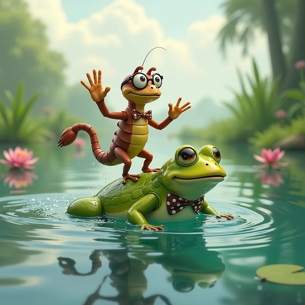 The scorpion performs a water ballet while riding on the frog's back