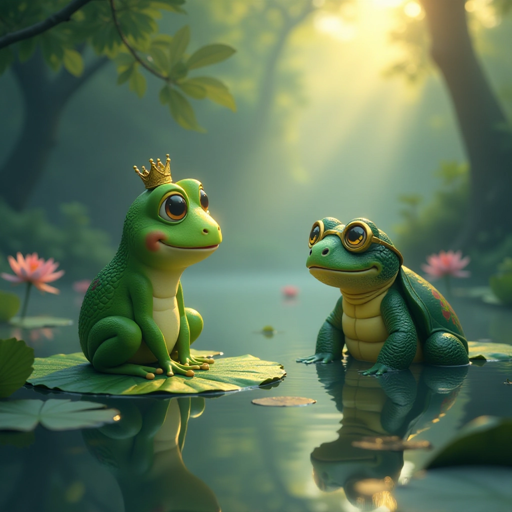 A young frog named Hoppy meets a wise turtle by an enchanted pond