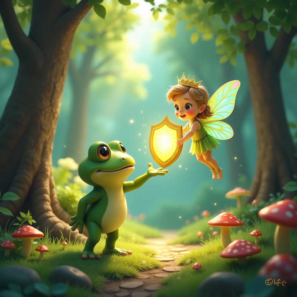 Hoppy receives a magical shield from a forest fairy