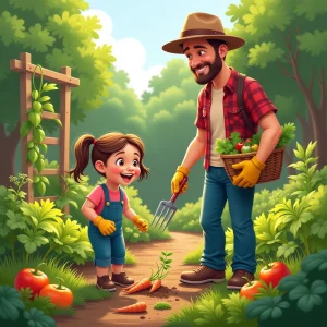 Father and daughter celebrate their successful garden harvest.