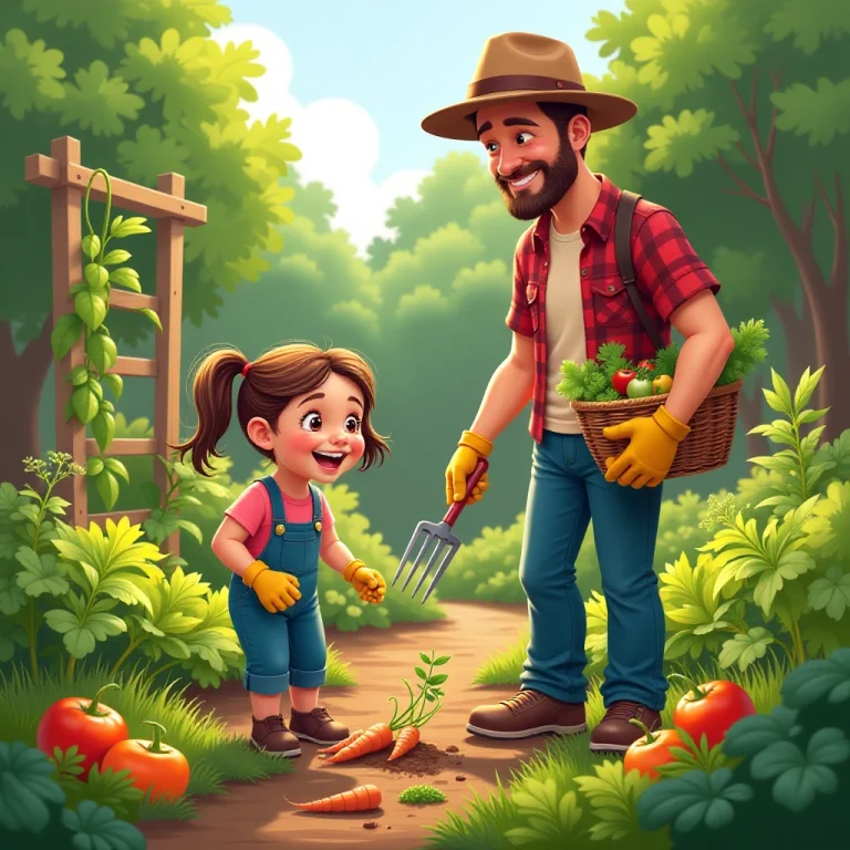 Father and daughter celebrate their successful garden harvest.