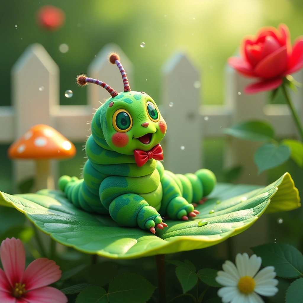 A sleepy caterpillar starts his morning in a dewdrop-covered garden.