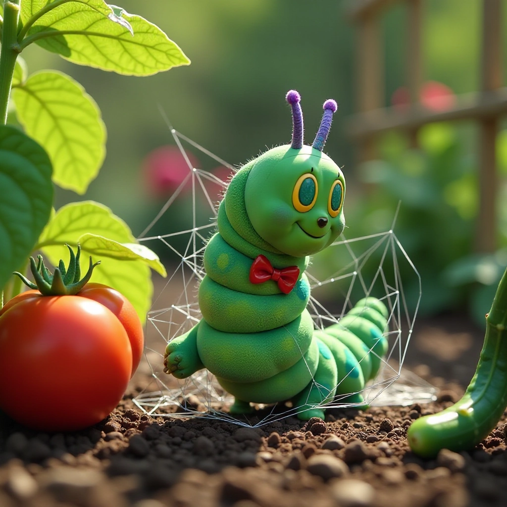 The caterpillar gets tangled in a sparkly spiderweb while showing off.