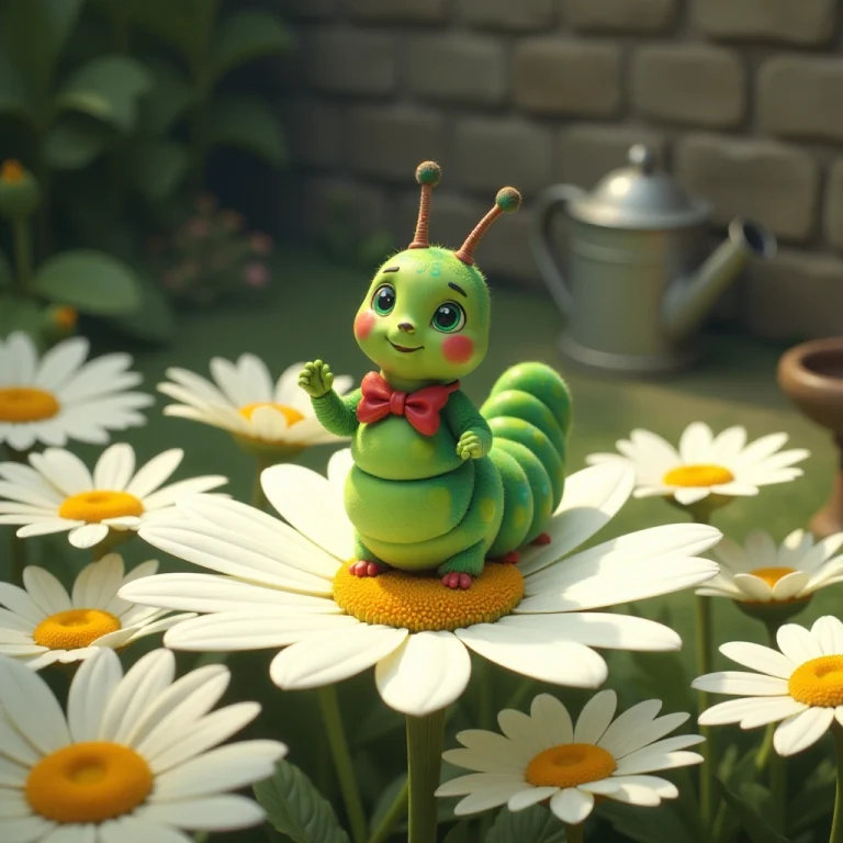 The caterpillar takes a final bow on a daisy stage.