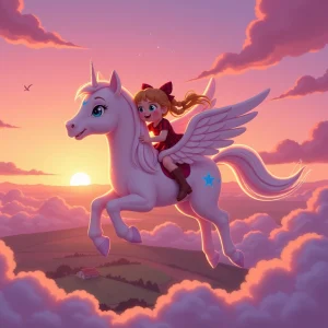 An exhilarating flight adventure as girl and pony soar through sunset skies.