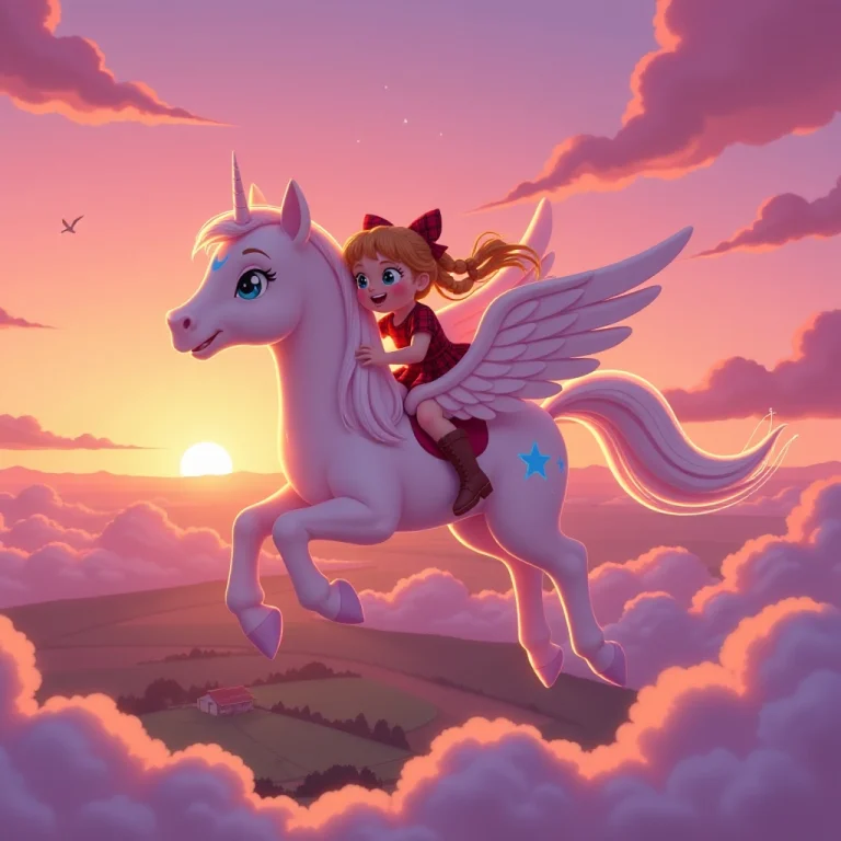 An exhilarating flight adventure as girl and pony soar through sunset skies.