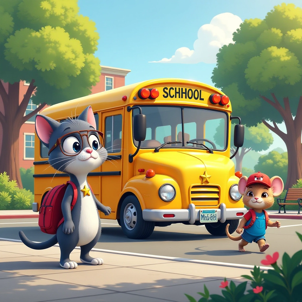 Excited animal students gather around magical school bus for underwater adventure.