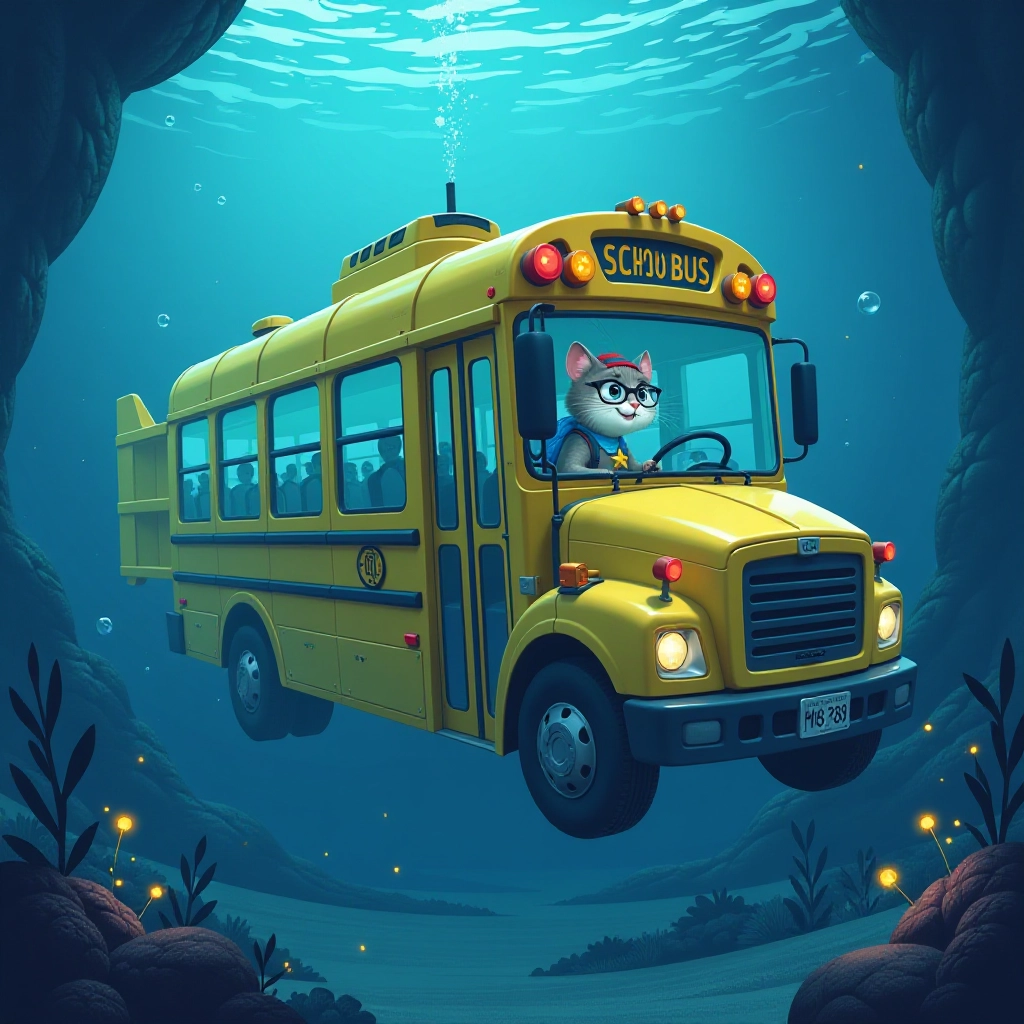 Magical school bus transforms into submarine for deep ocean descent.