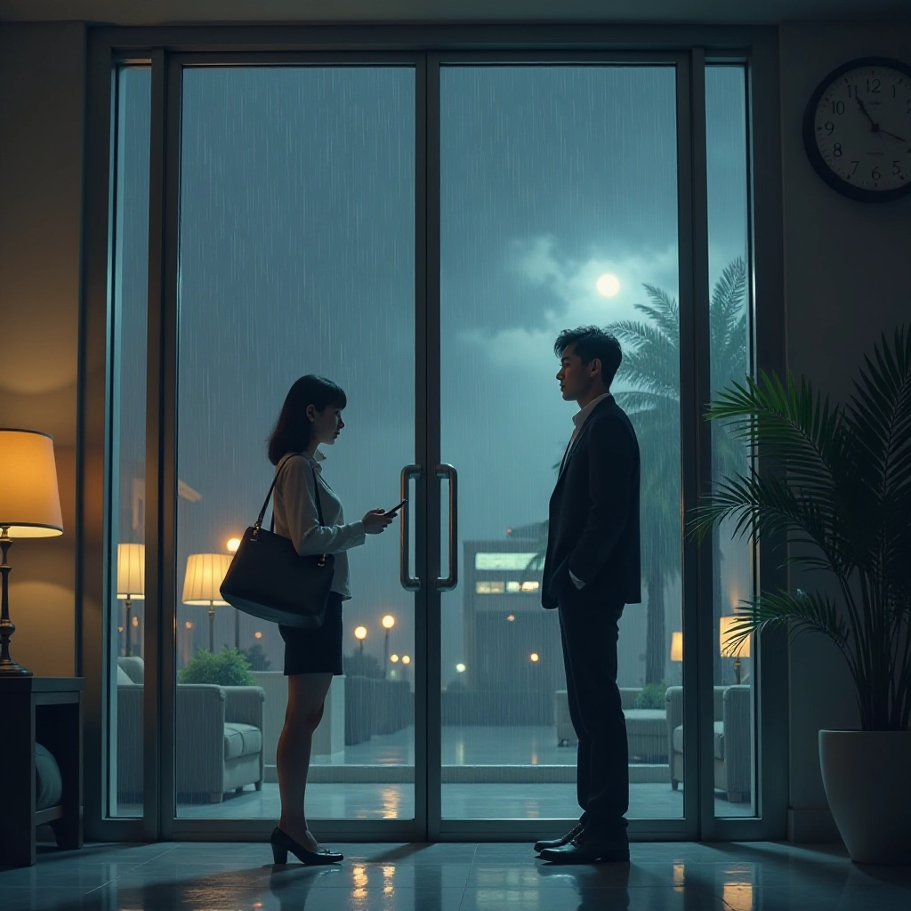 Career woman confronts relationship tensions in rainy office lobby.