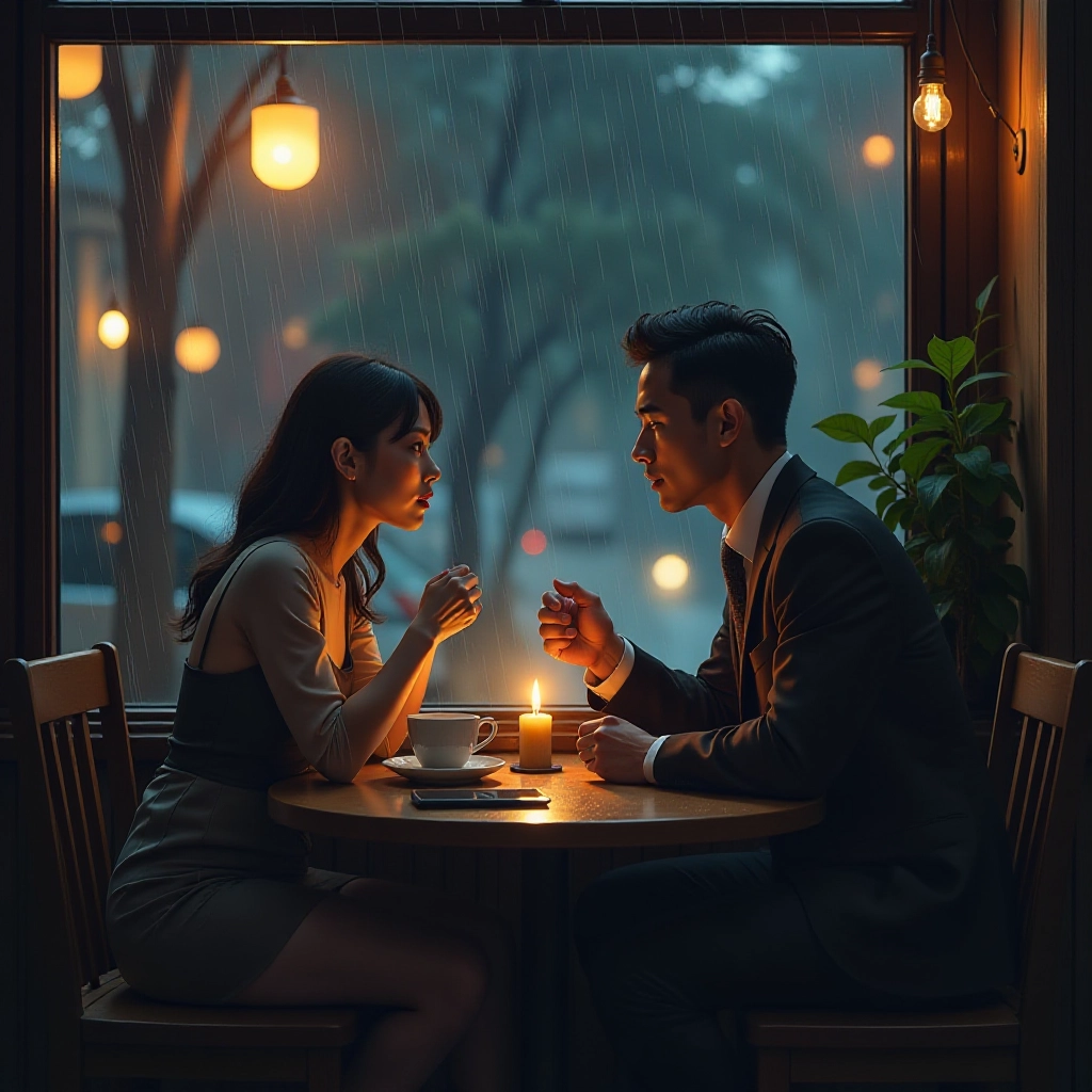 Emotional confrontation in cafe leads to relationship breaking point.
